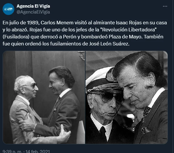 Menem abrazado a Isaac Rojas, el quien bombardeó Plaza de Mayo